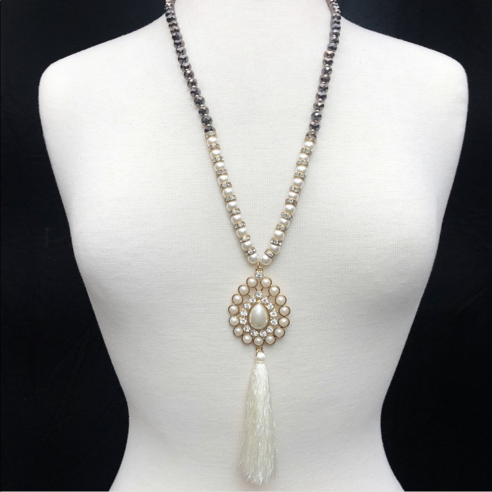 Brown & Cream Beaded Pearl Rhinestone Teardrop Thread Tassel Fringe Necklace